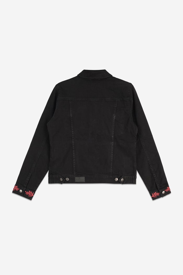 Classic Black Denim Jacket With Sleeve Embroidery