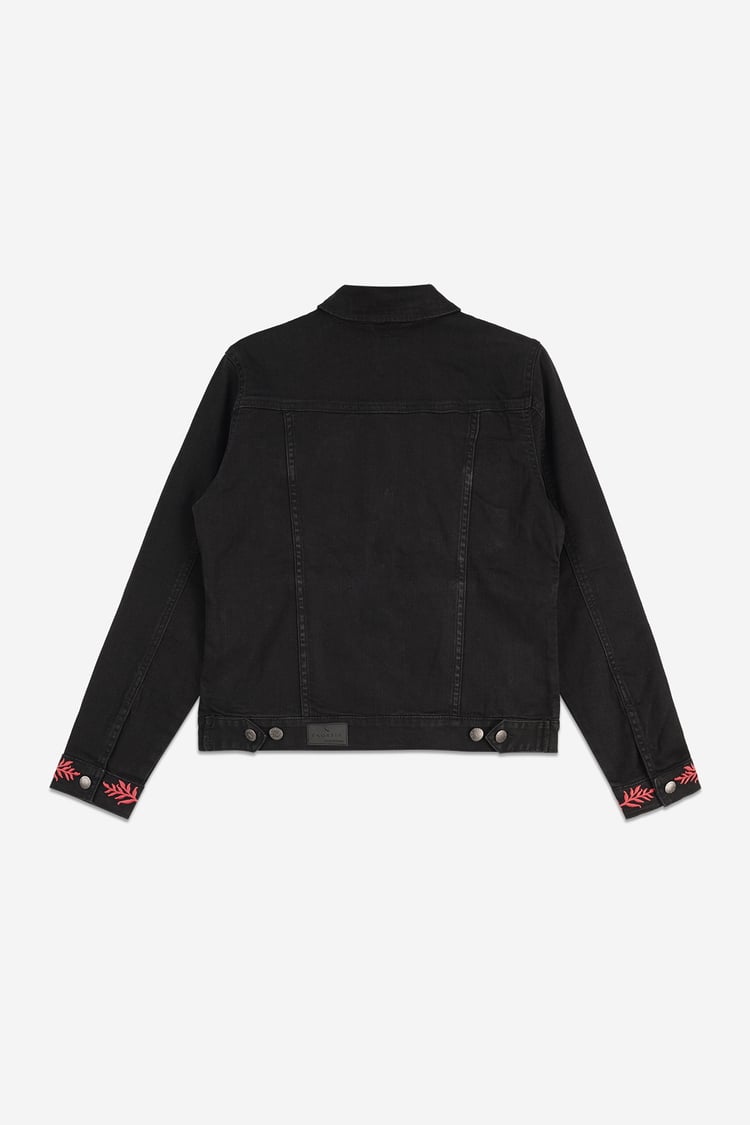 Classic Black Denim Jacket With Sleeve Embroidery