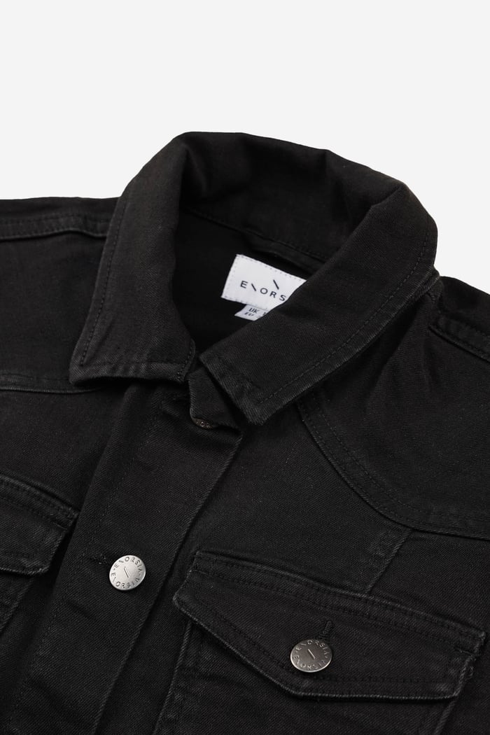 Classic Black Denim Jacket With Sleeve Embroidery