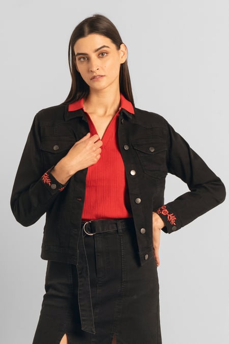 Black Classic Denim Jacket With Sleeve Embroidery