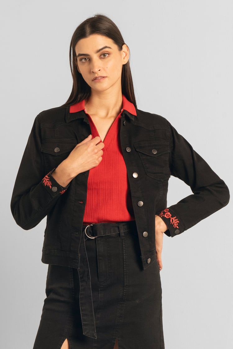 Classic Black Denim Jacket With Sleeve Embroidery