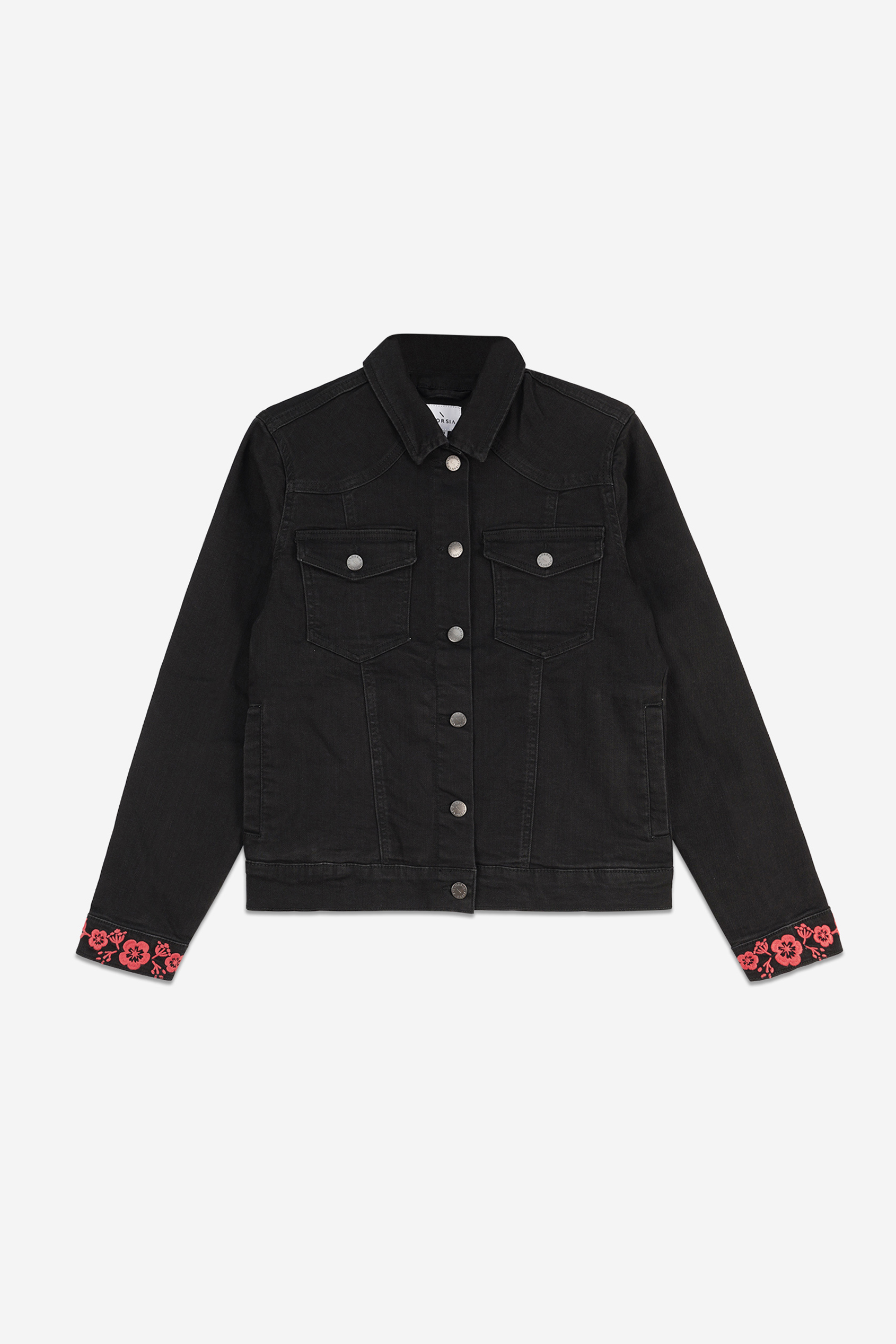 Classic Black Denim Jacket With Sleeve Embroidery