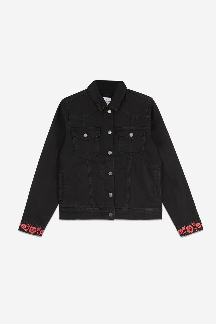 Classic Black Denim Jacket With Sleeve Embroidery