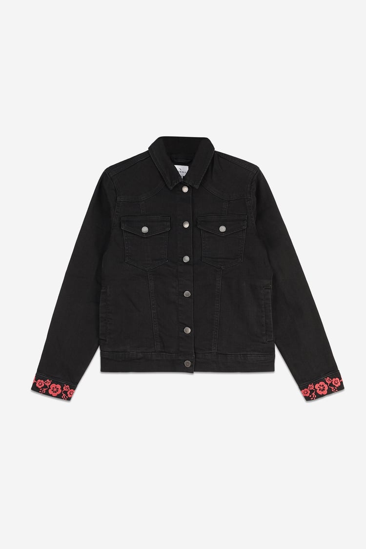 Classic Black Denim Jacket With Sleeve Embroidery