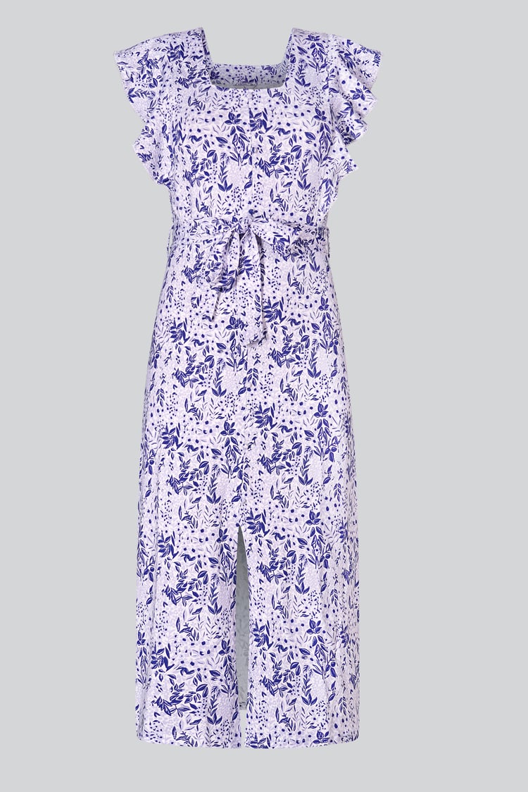 Square Neck Tie Waist Jersey Dress With Frill Sleeve Detail