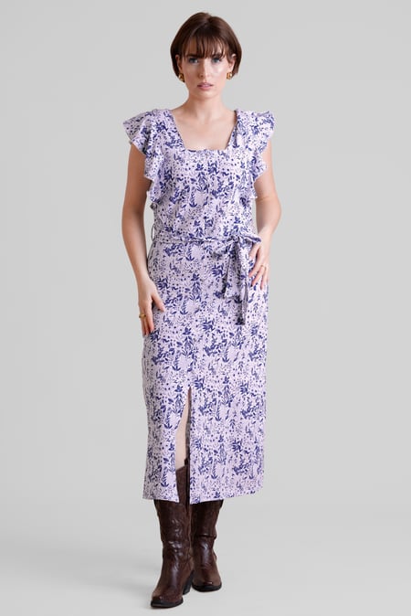 Brown Square Neck Tie Waist Jersey Dress With Frill Sleeve Detail