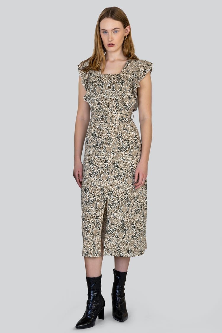 Square Neck Tie Waist Jersey Dress With Frill Sleeve Detail