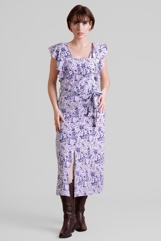 Square Neck Tie Waist Jersey Dress With Frill Sleeve Detail