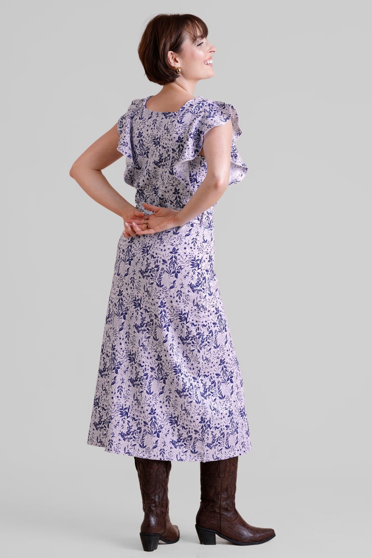 Square Neck Tie Waist Jersey Dress With Frill Sleeve Detail