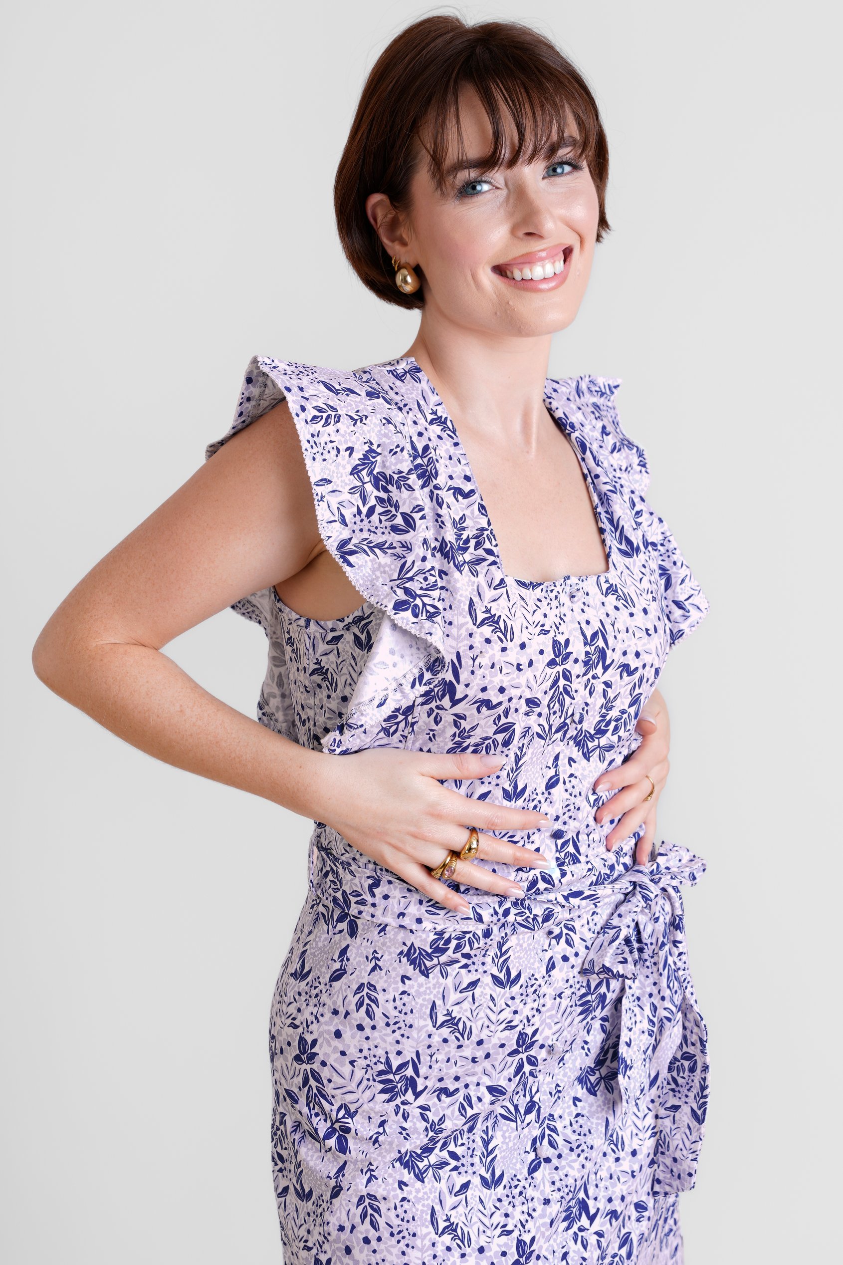 Square Neck Tie Waist Jersey Dress With Frill Sleeve Detail