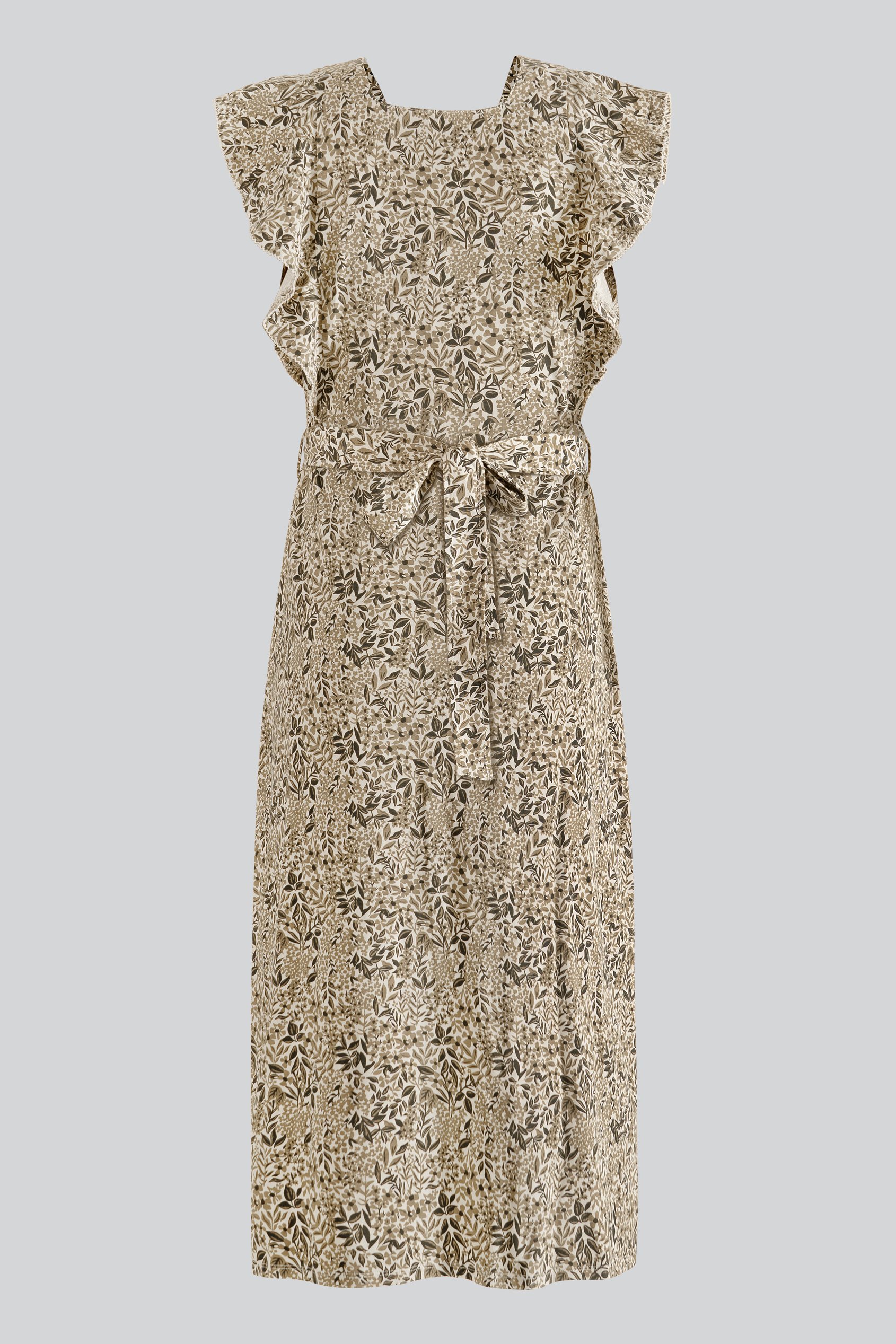 Square Neck Tie Waist Jersey Dress With Frill Sleeve Detail