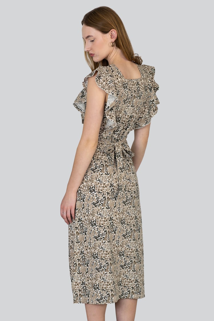 Square Neck Tie Waist Jersey Dress With Frill Sleeve Detail