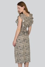 Square Neck Tie Waist Jersey Dress With Frill Sleeve Detail