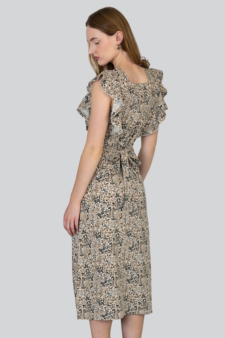 Square Neck Tie Waist Jersey Dress With Frill Sleeve Detail