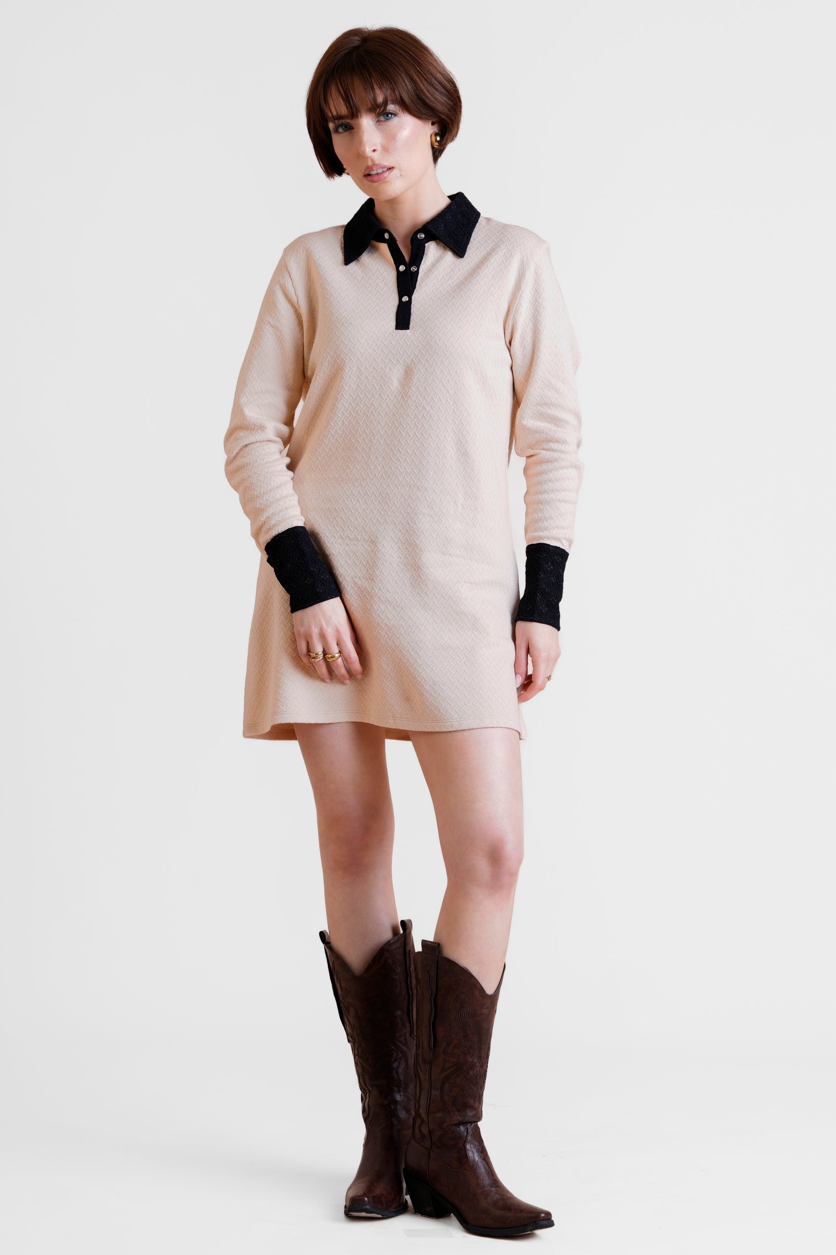 Laced Collar Design Jersey Tailored Shirt Dress