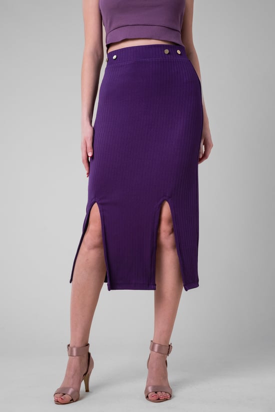Button Front Ribbed Midi Skirt
