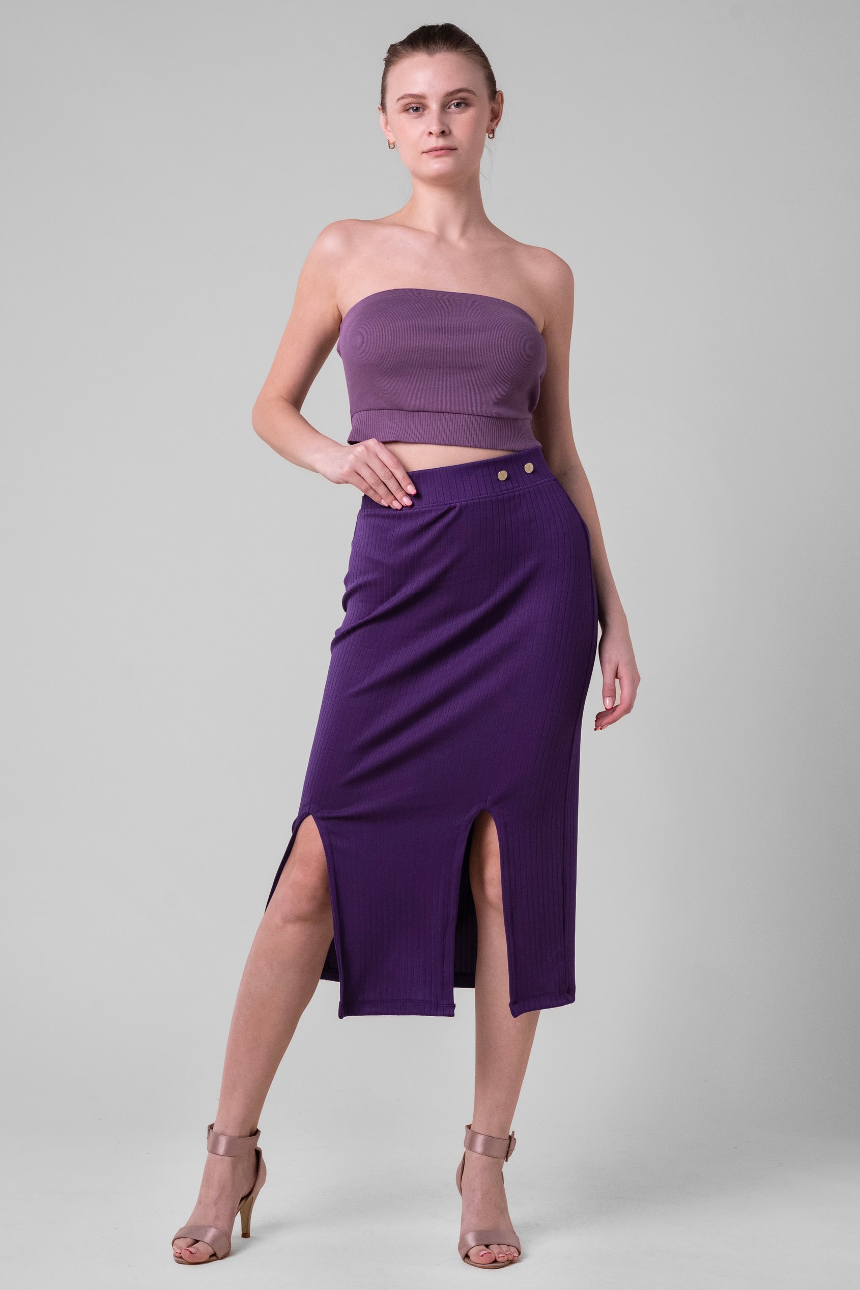 Button Front Ribbed Midi Skirt