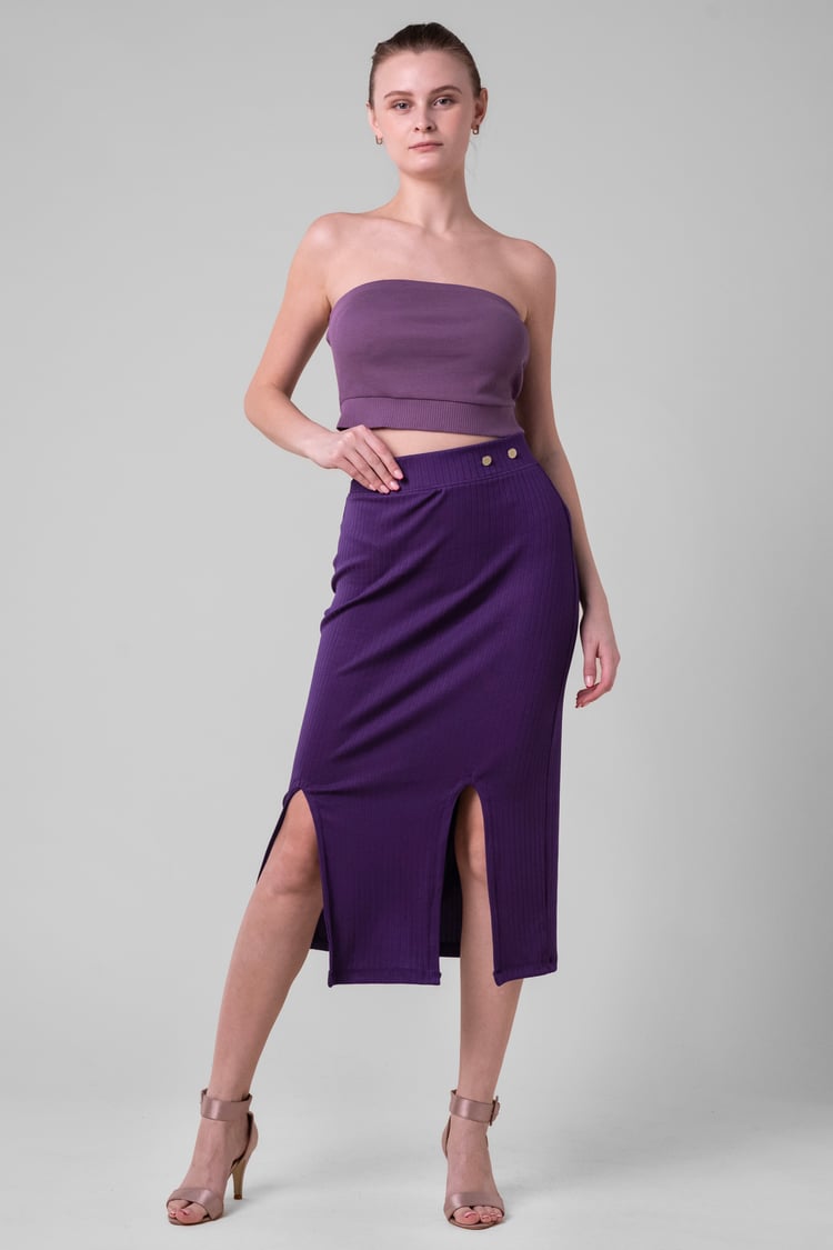 Button Front Ribbed Midi Skirt