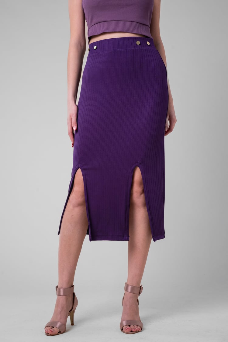 Button Front Ribbed Midi Skirt