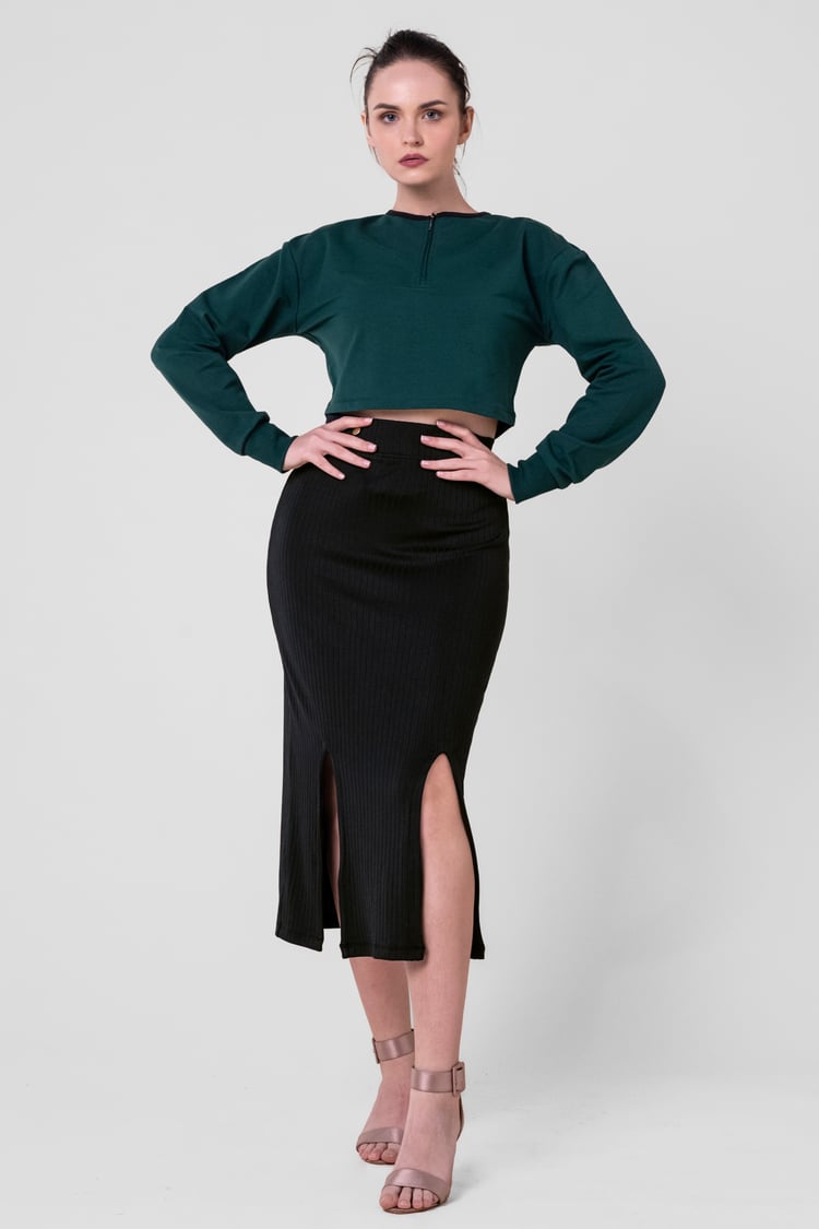 Button Front Ribbed Midi Skirt