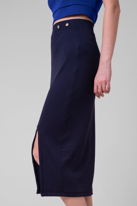 Blue Button Front Ribbed Midi Skirt