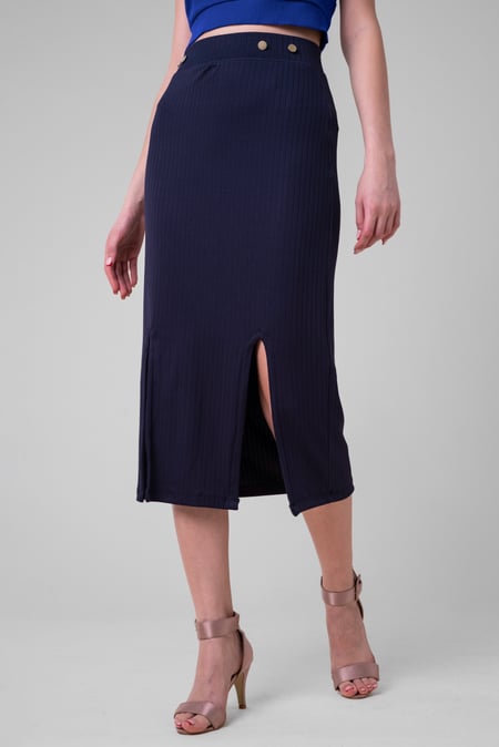 Purple Button Front Ribbed Midi Skirt