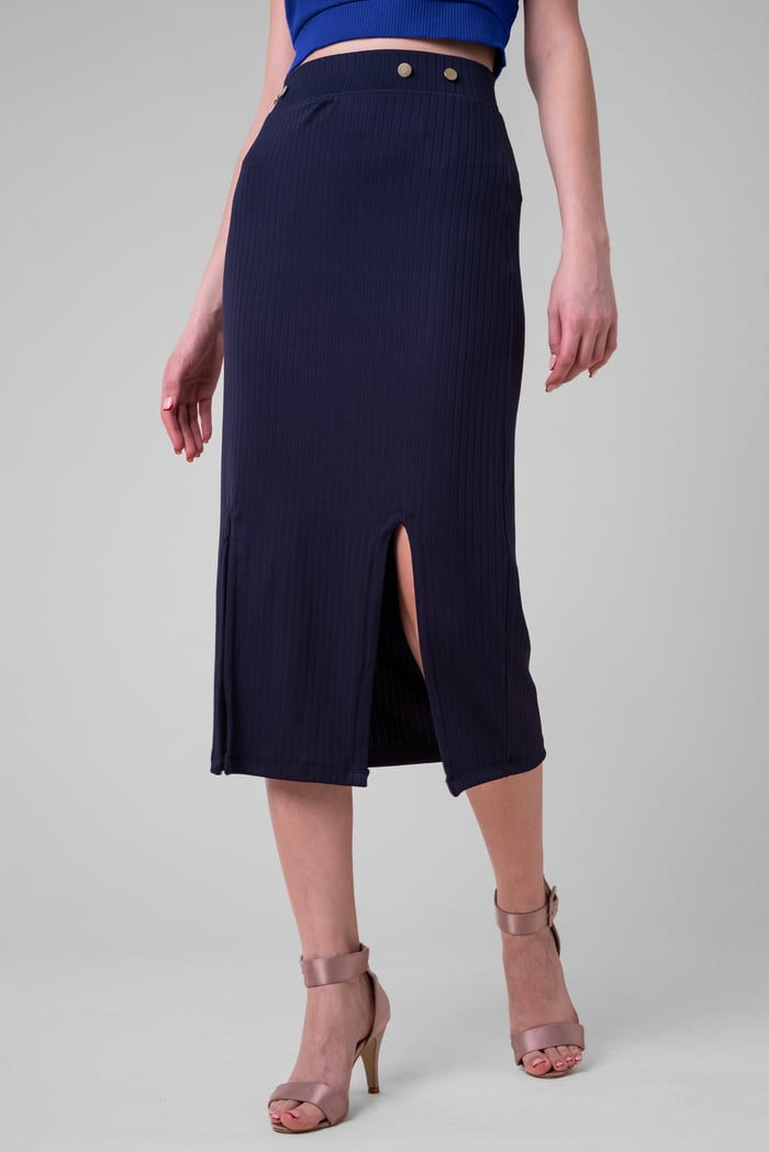 Button Front Ribbed Midi Skirt