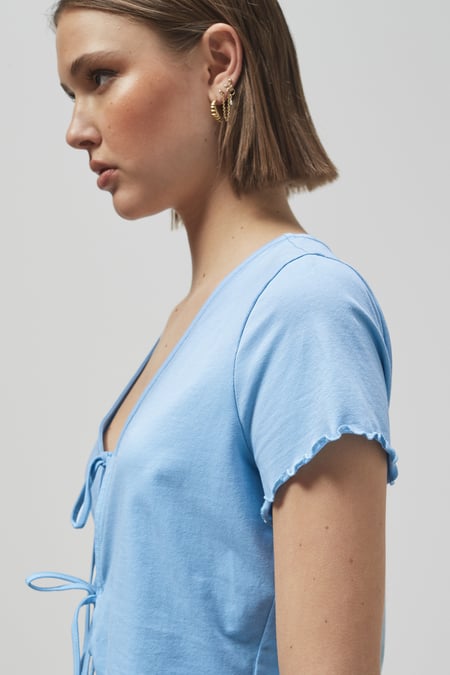 Blue Lettuce Hem Tie Front T-Shirt