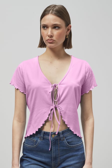 Blue Lettuce Hem Tie Front T-Shirt