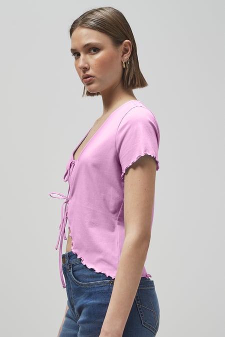 Pink Lettuce Hem Tie Front T-Shirt