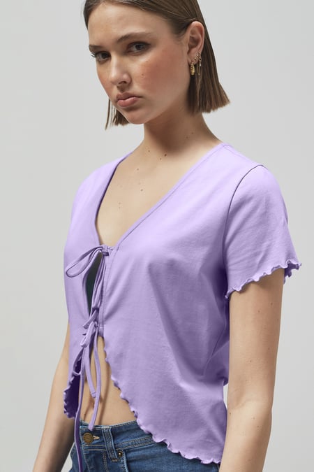 Purple Lettuce Hem Tie Front T-Shirt