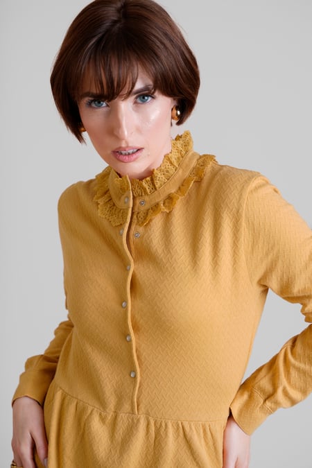 Brown High Neck Lace Trim Mini Dress