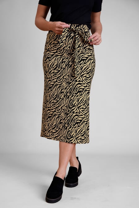 Brown Zebra Print Jersey Midi Skirt