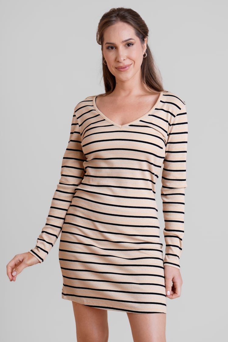 Long Sleeve Rib Jersey V- Neck Mini Dress