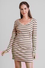 Long Sleeve Rib Jersey V- Neck Mini Dress