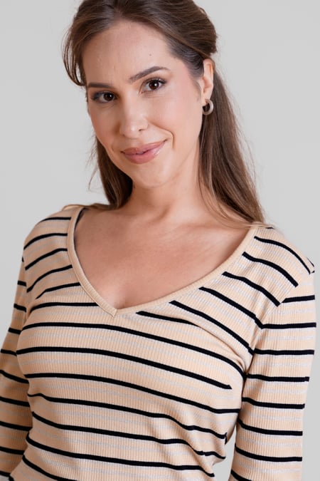 Cream Long Sleeve Rib Jersey V- Neck Mini Dress