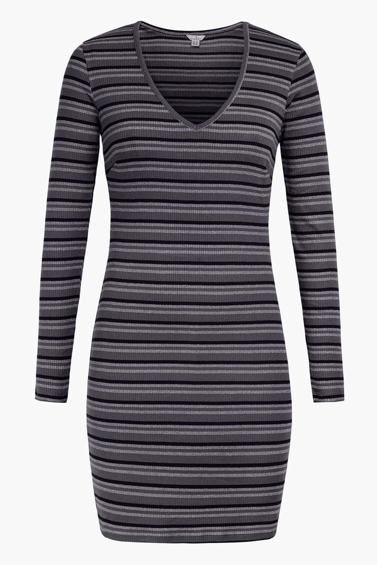 Long Sleeve Rib Jersey V- Neck Mini Dress
