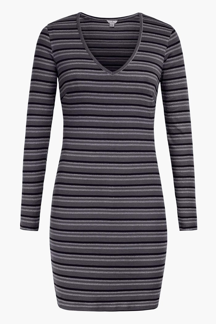 Long Sleeve Rib Jersey V- Neck Mini Dress