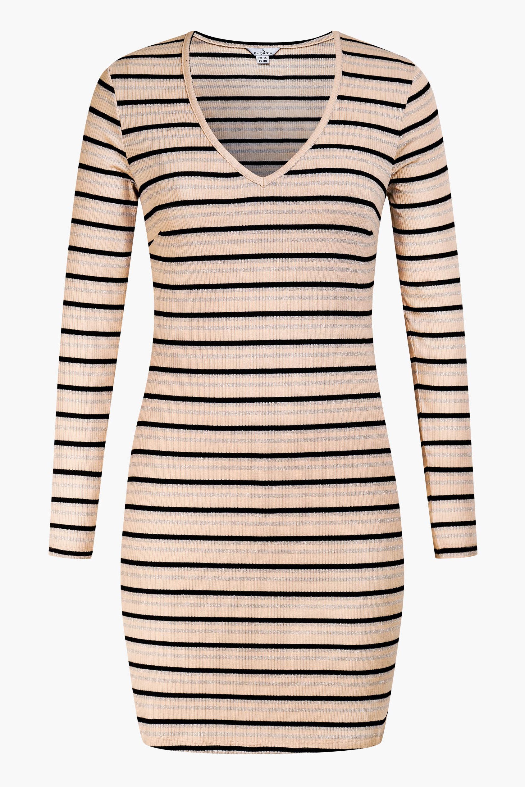 Long Sleeve Rib Jersey V- Neck Mini Dress