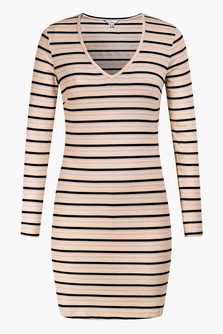 Long Sleeve Rib Jersey V- Neck Mini Dress
