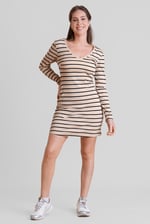 Long Sleeve Rib Jersey V- Neck Mini Dress