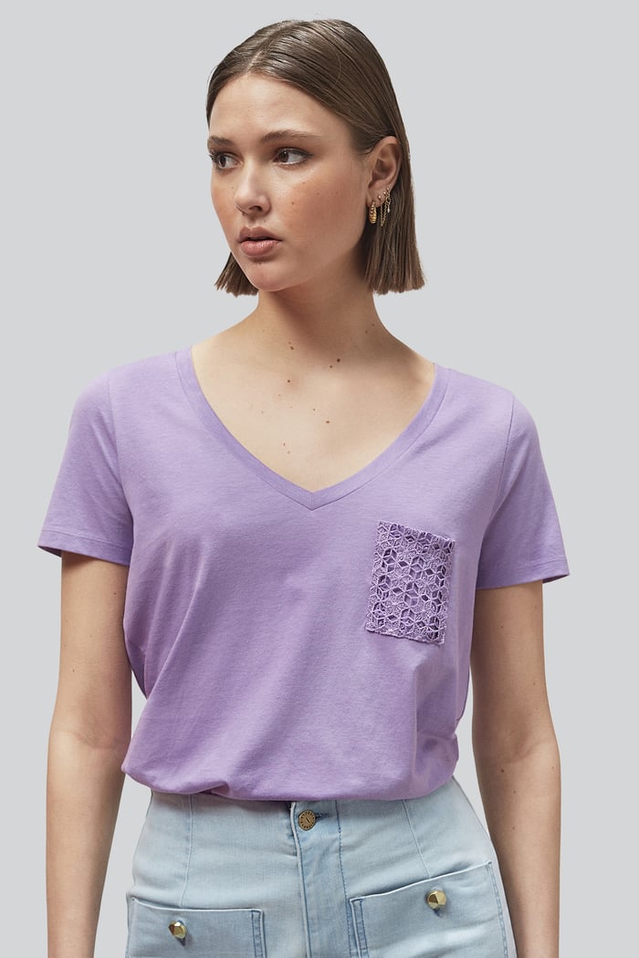 Lace Pocket V-Neck Tee