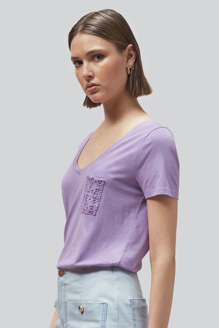 Lace Pocket V-Neck Tee
