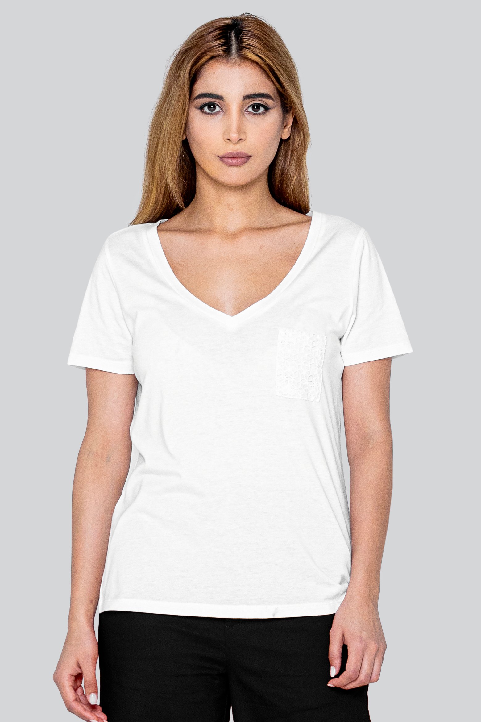 Lace Pocket V-Neck Tee