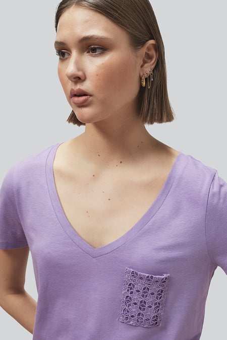 Purple Lace Pocket V-Neck Tee