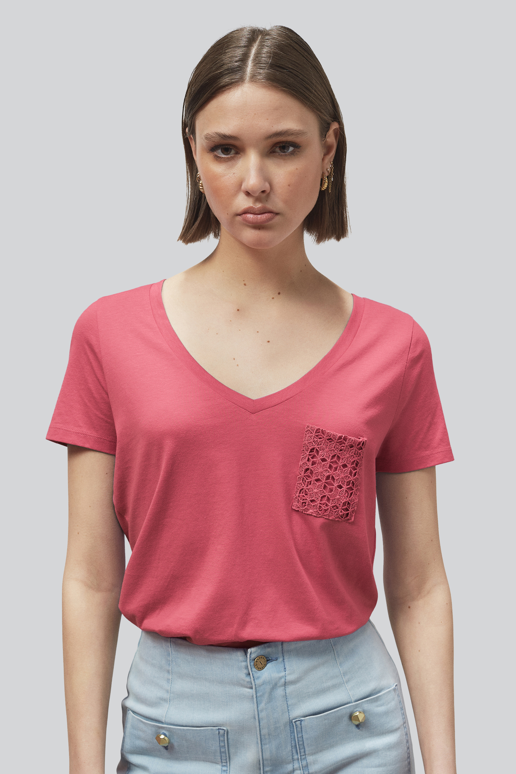 Lace Pocket V-Neck Tee