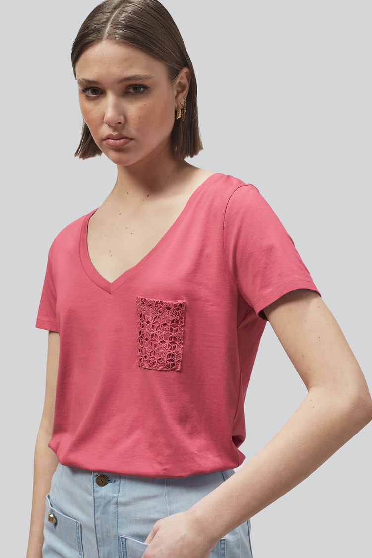 Lace Pocket V-Neck Tee