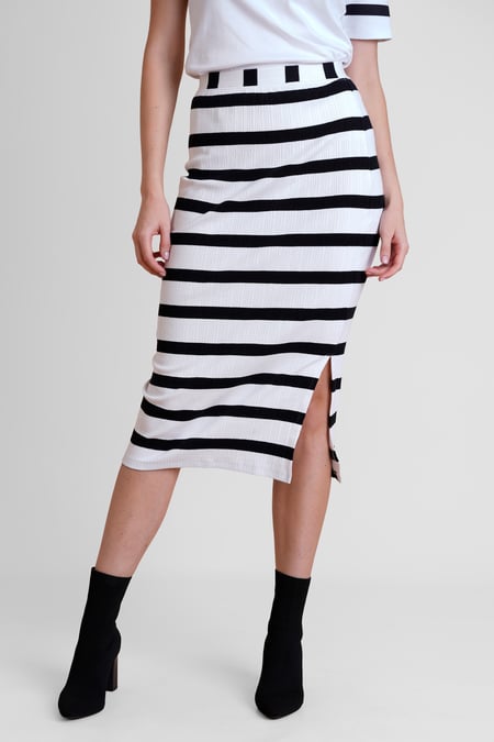 Black Side Slit Striped Ribbed Jersey Skirt