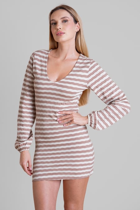 Metallic Silver V-Neck Long Sleeve Mini Dress