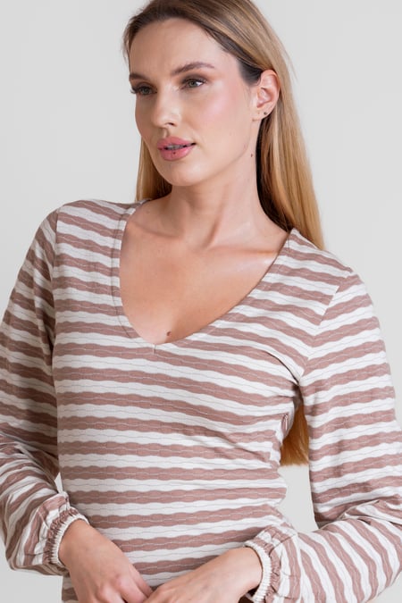 Brown Metallic Silver V-Neck Long Sleeve Mini Dress